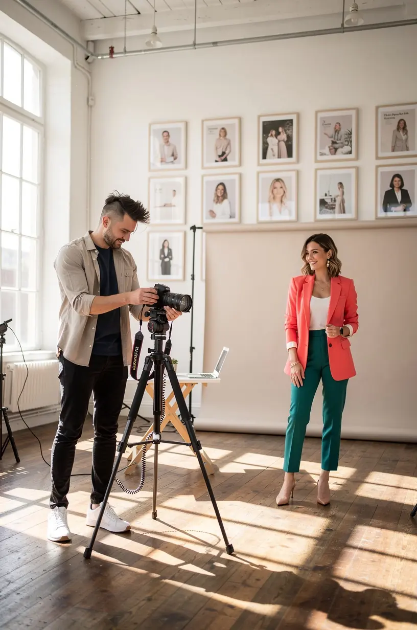 Ekspert wyjaśniający klientowi etapy tworzenia kompleksowej tożsamości wizualnej marki osobistej.
